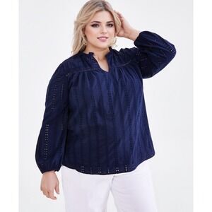 Style & Co Eyelet Lace Split Neck Ruffle Blouse Womens 2X Boho Coastal Classic